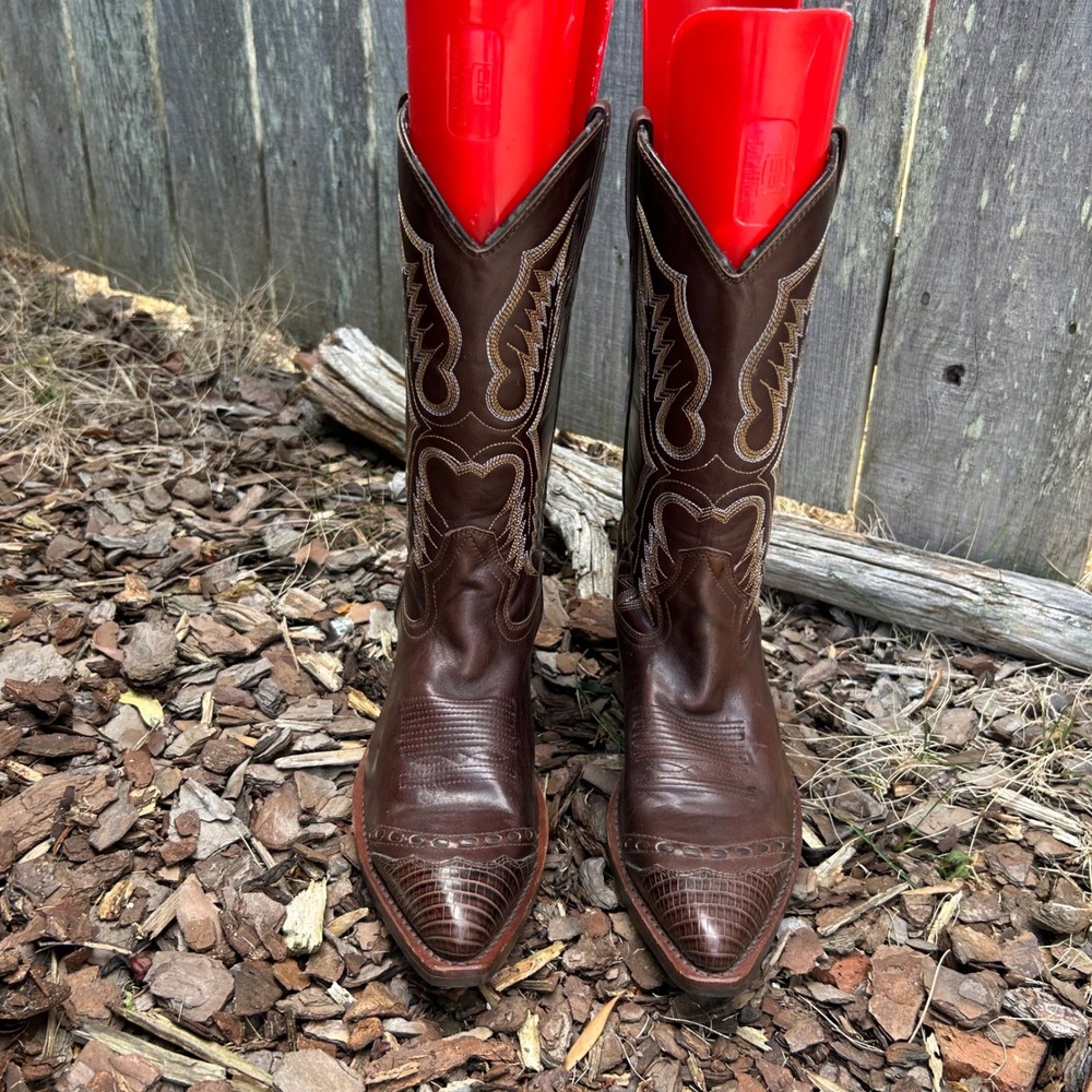 Laredo Brown Leather Western Cowgirl Boots Lizard Embossed Wingtip Pointed Toe - Picture 2 of 10